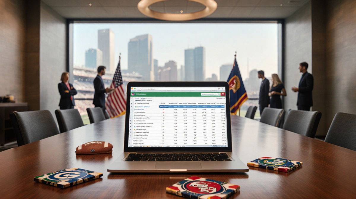 NFL executives meeting at wooden conference table with laptop tracking coaching hires and team flags on wall