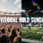 NFL fans cheering in packed stadium with football field and helmets showing NFL Divisional Round Sunday action