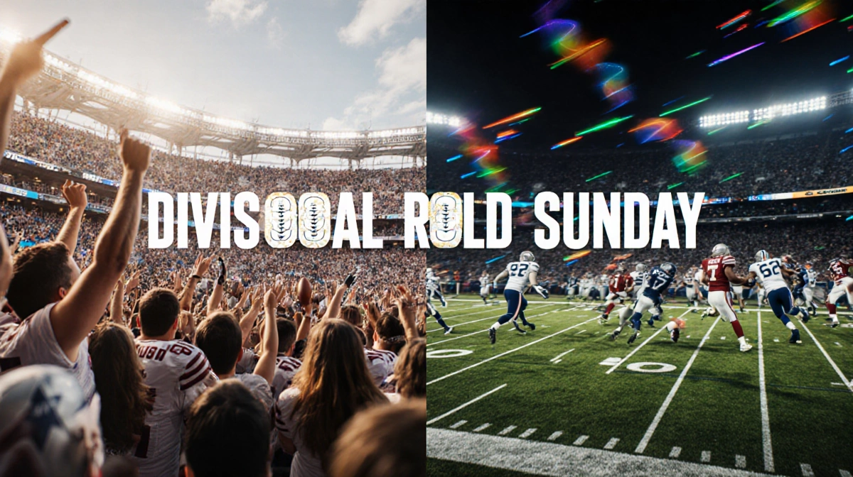 NFL fans cheering in packed stadium with football field and helmets showing NFL Divisional Round Sunday action