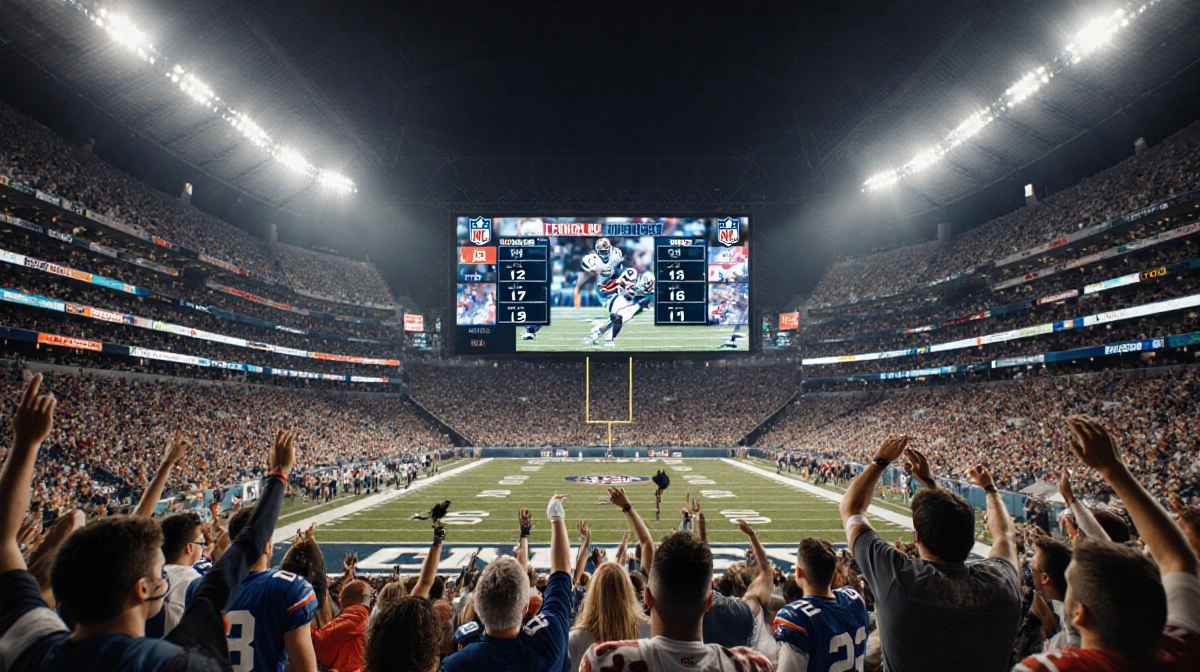 Packed football stadium erupts with fans cheering as the giant screen shows NFL Divisional Round highlights