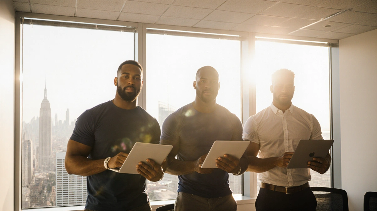 Three former NFL players standing together with tablets in a modern office overlooking city skyline.