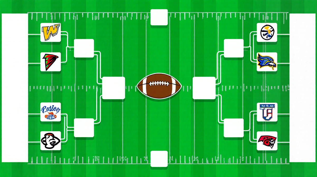 Eight NFL team logos arranged in circular bracket formation with empty squares showing eliminated teams and bold contrasting 