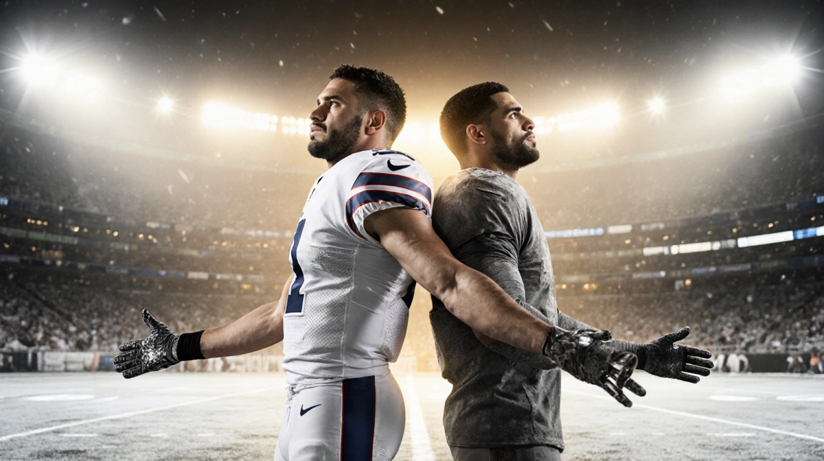 White jersey football player extends arms with determination while grey jersey rival looks up in the glow of playoff stadium
