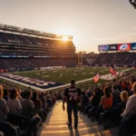 Football fans fill stadium concourse with Bills and Broncos banners showing team pride at playoff game