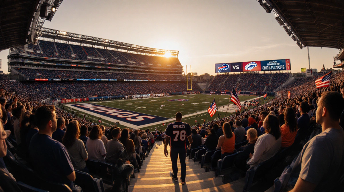 Football fans fill stadium concourse with Bills and Broncos banners showing team pride at playoff game