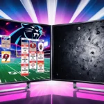 Split-screen TV shows NFL matchups with neon-lit Panthers vs Buccaneers side and metallic 49ers vs Seahawks side lighting
