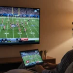 Person watching TV with split-screen NFL games and laptop streaming nearby