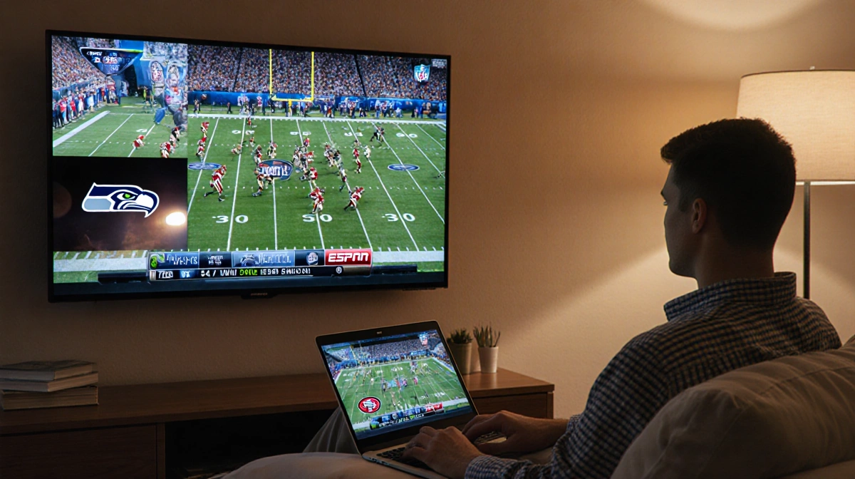Person watching TV with split-screen NFL games and laptop streaming nearby