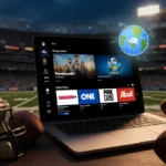 Laptop screen shows streaming platforms with a glowing VPN icon against a blurred NFL stadium backdrop