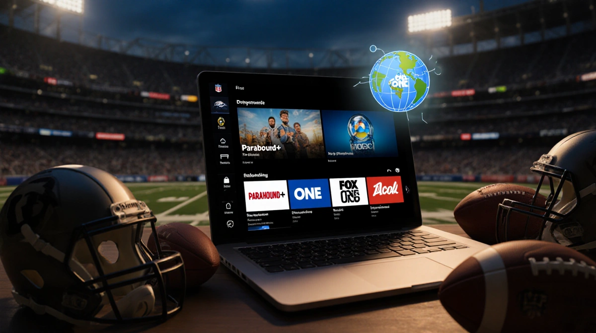 Laptop screen shows streaming platforms with a glowing VPN icon against a blurred NFL stadium backdrop