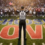 Referee raises arms with NFL players gathering around and Choose Love painted in end zone