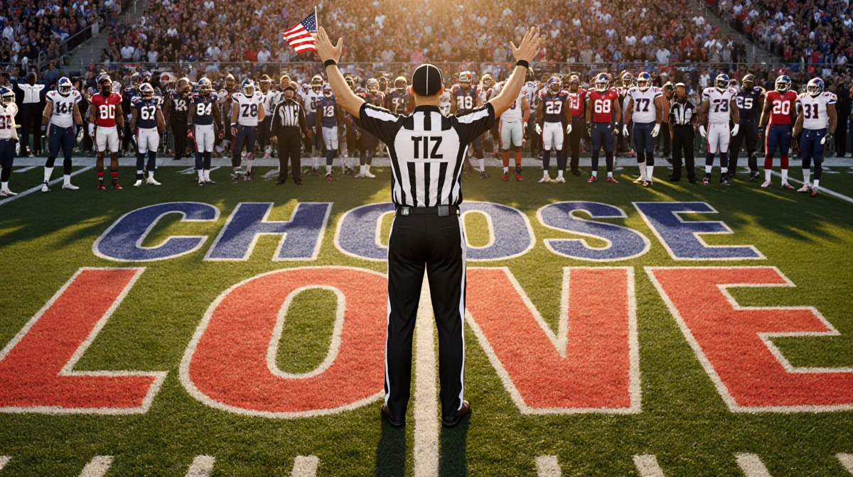 Referee raises arms with NFL players gathering around and Choose Love painted in end zone