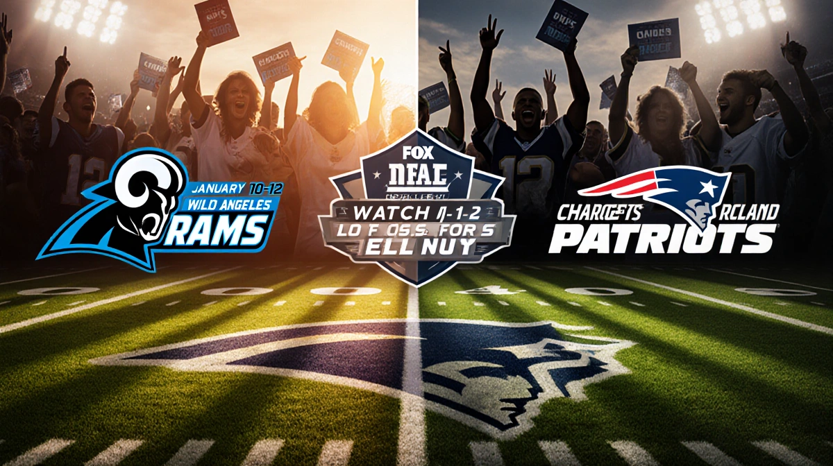 Split-screen football fields wild-card clash with Rams vs Panthers and Chargers vs Patriots under sunset lighting with fans