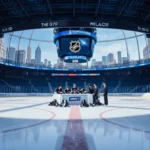 NHL players and officials meeting at table with blue LED lights illuminating the arena and Milan