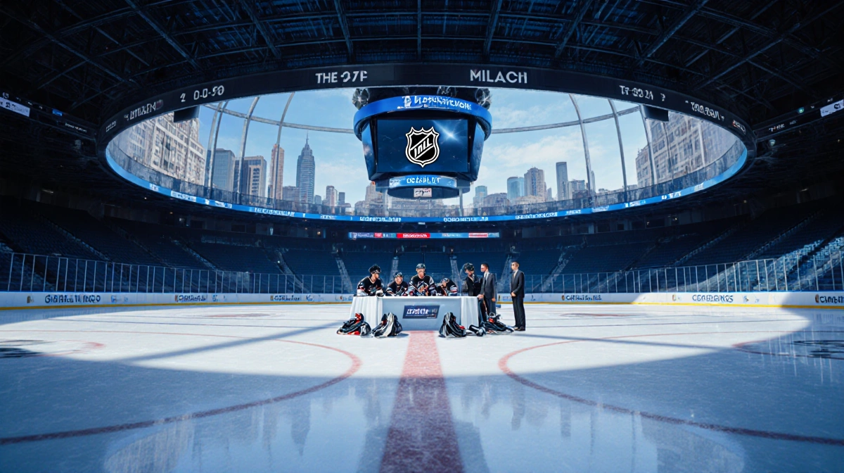 NHL players and officials meeting at table with blue LED lights illuminating the arena and Milan