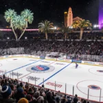 Rangers players skating fiercely on the snow‑covered rink with bright floodlights during the NHL Winter Classic in Miami.