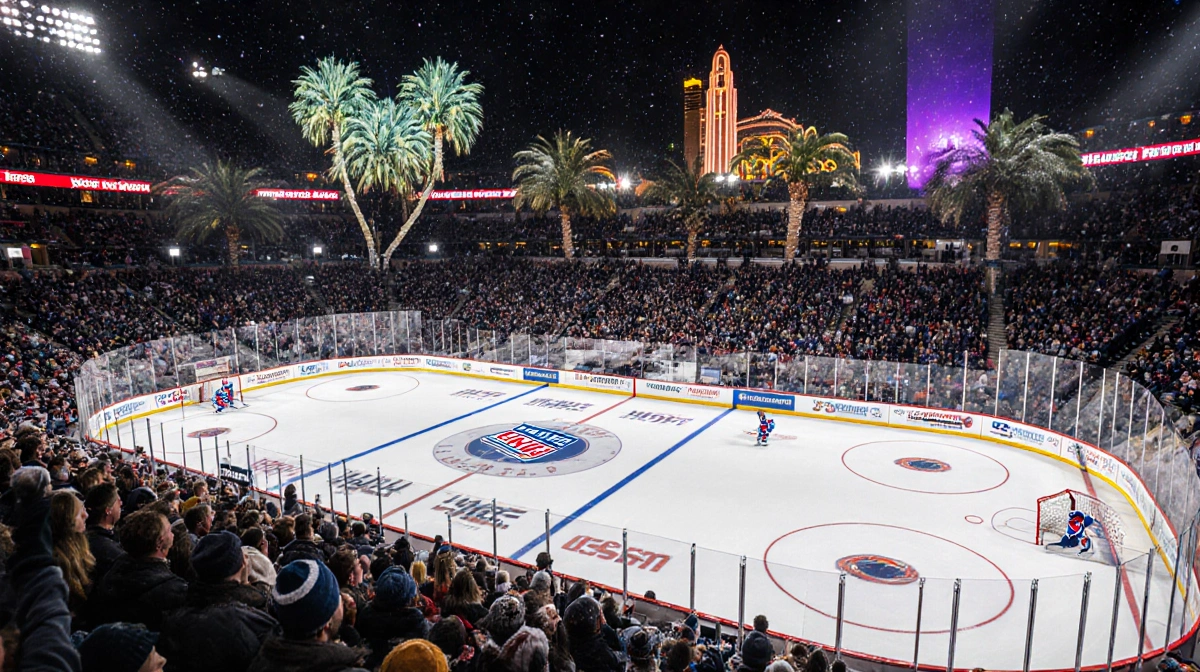 Rangers players skating fiercely on the snow‑covered rink with bright floodlights during the NHL Winter Classic in Miami.