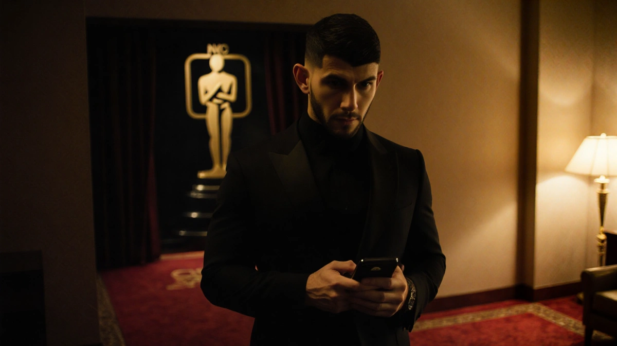 Nick Jonas stands alone in dim hotel suite with phone in hand and Golden Globes red carpet visible behind him