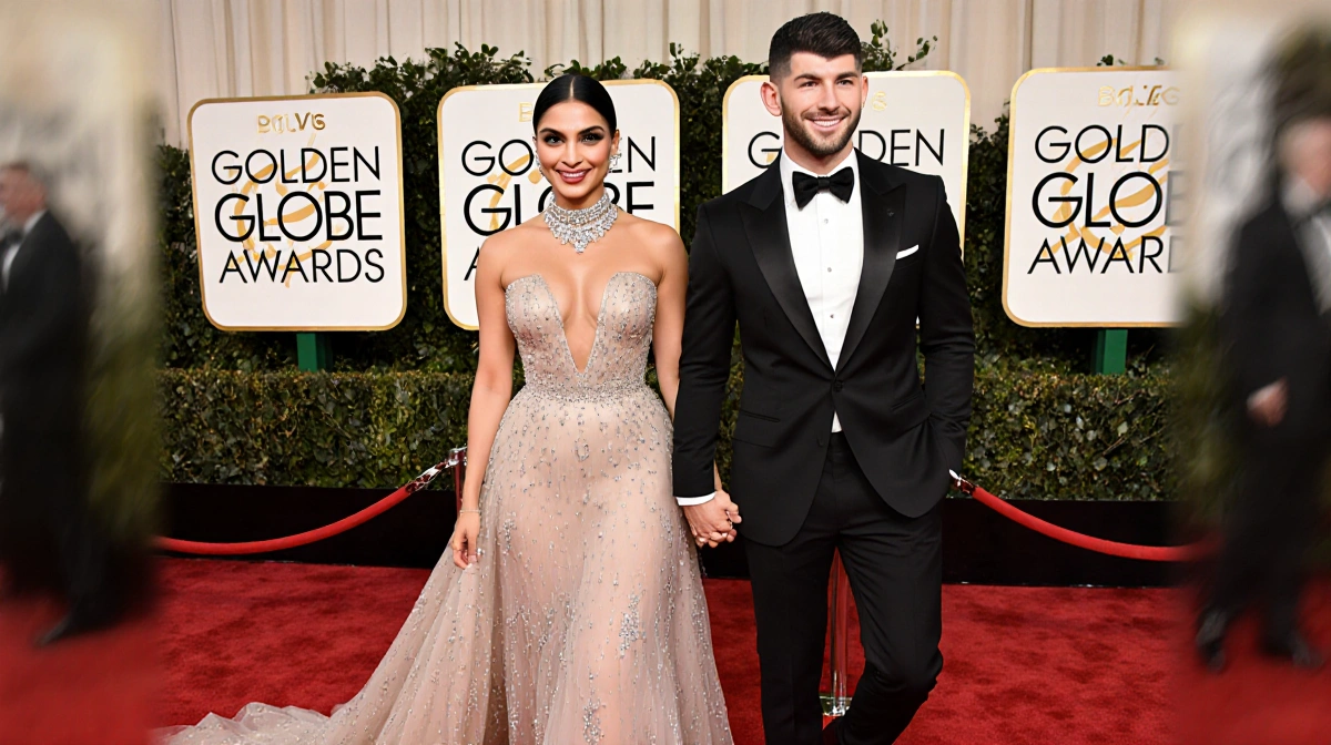 Nick Jonas and Priyanka Chopra Jonas walking hand in hand at the Golden Globes with Priyanka wearing a Dior gown and Bvlgari 