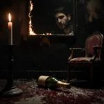 Flickering candle casts eerie shadows on faces of two people in nightclub with charred floor and shattered mirror