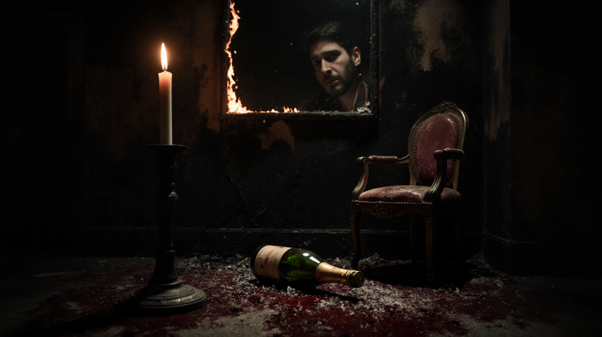 Flickering candle casts eerie shadows on faces of two people in nightclub with charred floor and shattered mirror