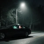 Crashed black sedan sits in dark woods with shattered window showing woman