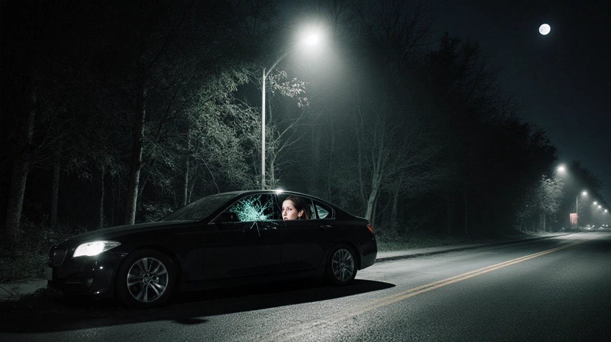 Crashed black sedan sits in dark woods with shattered window showing woman