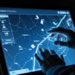 Hands gently touch glowing screen showing a 3D Texas highway map with AI traffic data and road hazards.