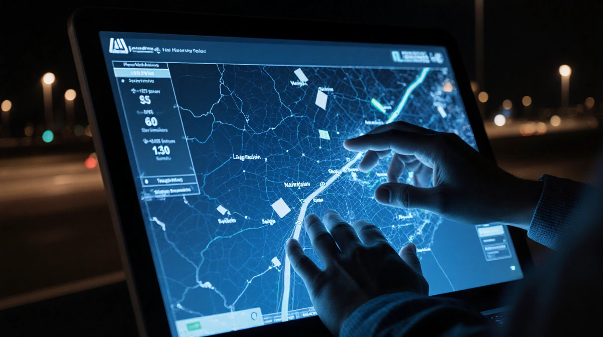 Hands gently touch glowing screen showing a 3D Texas highway map with AI traffic data and road hazards.
