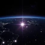 Night sky swarms with thousands of satellites orbiting Earth with bright central star and purple-blue glow