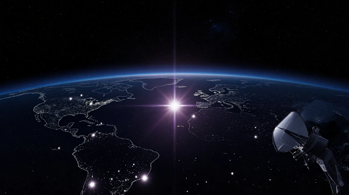 Night sky swarms with thousands of satellites orbiting Earth with bright central star and purple-blue glow