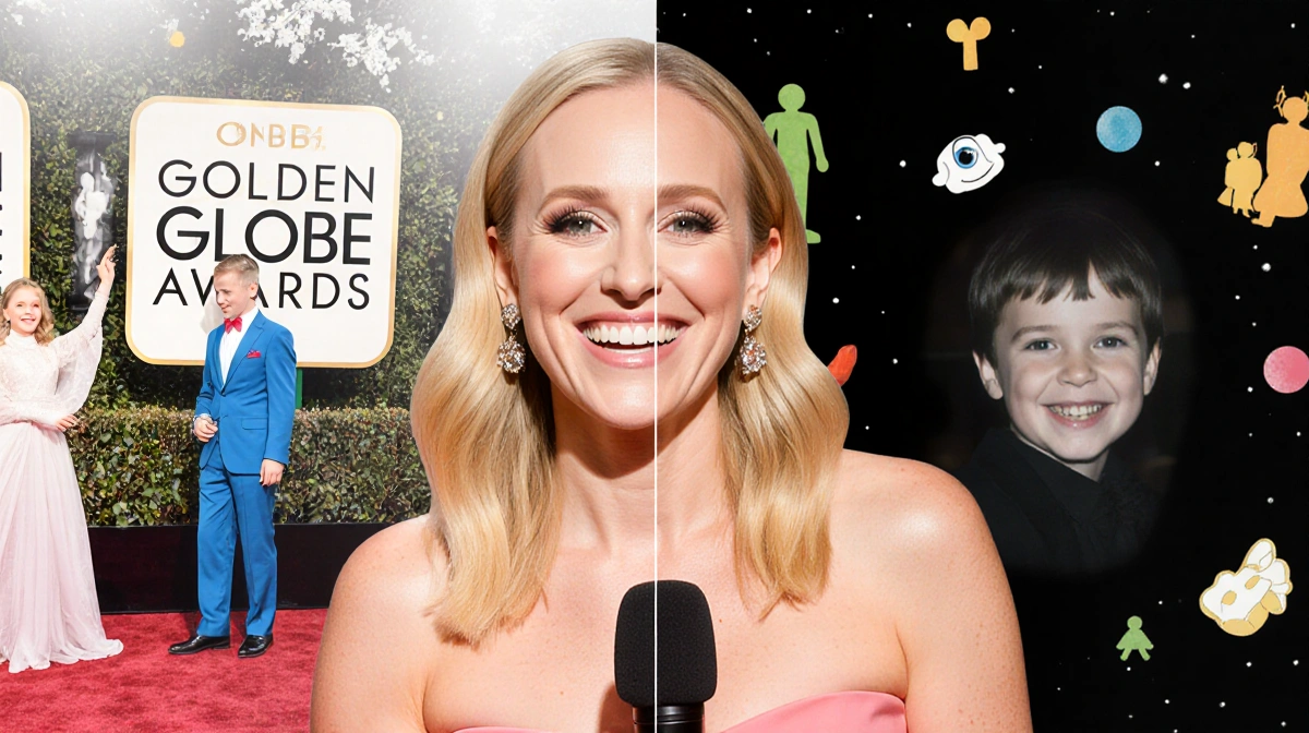 Nikki Glaser hosting Golden Globes with microphone and split expression showing respect for childhood idols