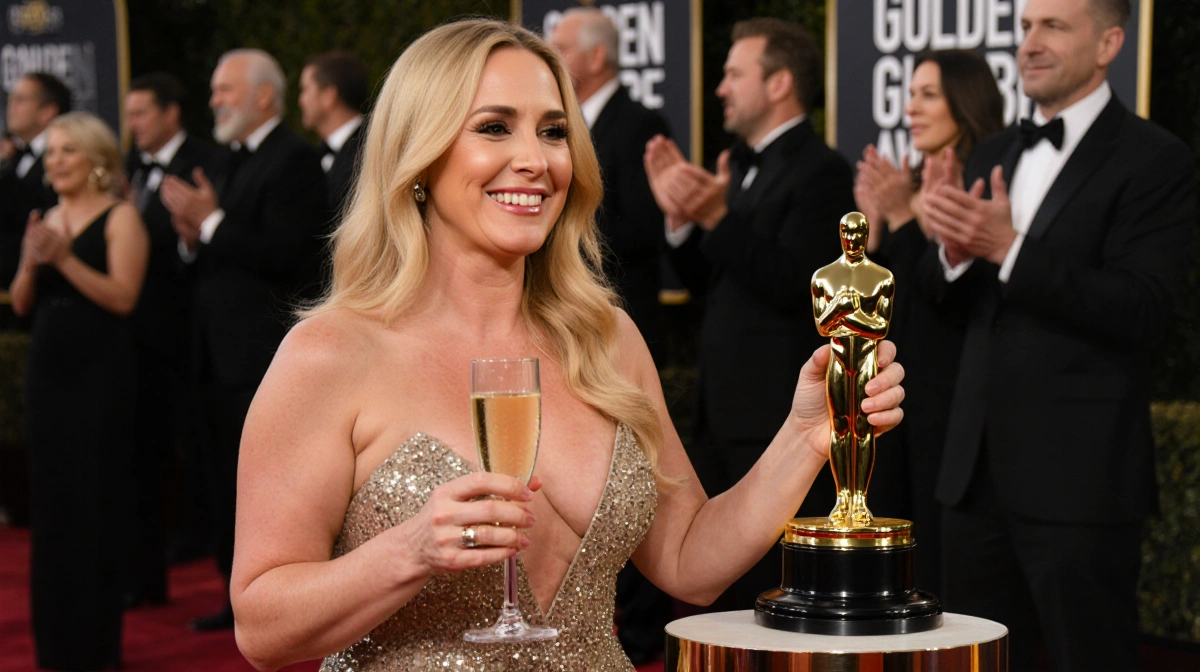 Nikki Glaser holding Golden Globe award with champagne glass and celebrities applauding behind her