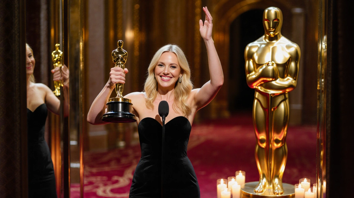 Nikki Glaser holds Golden Globe award with bright smile at Beverly Hilton podium
