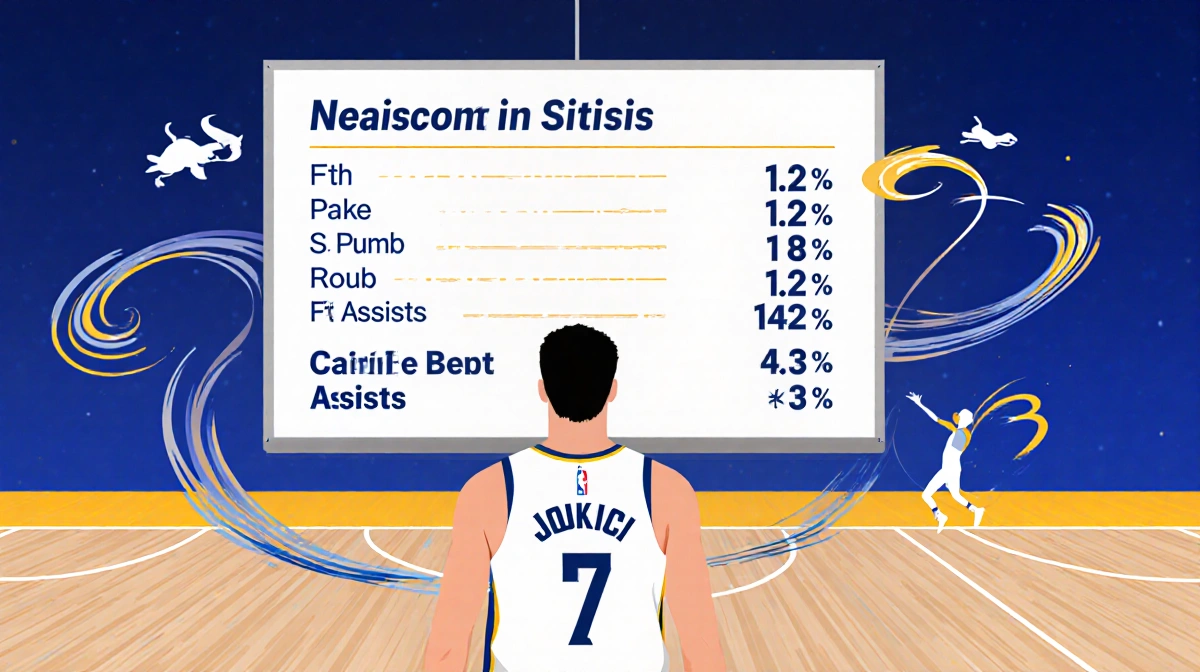 Nikola Jokic with a whiteboard showing NBA rankings and 5th place and swirl of rebounds and assists.