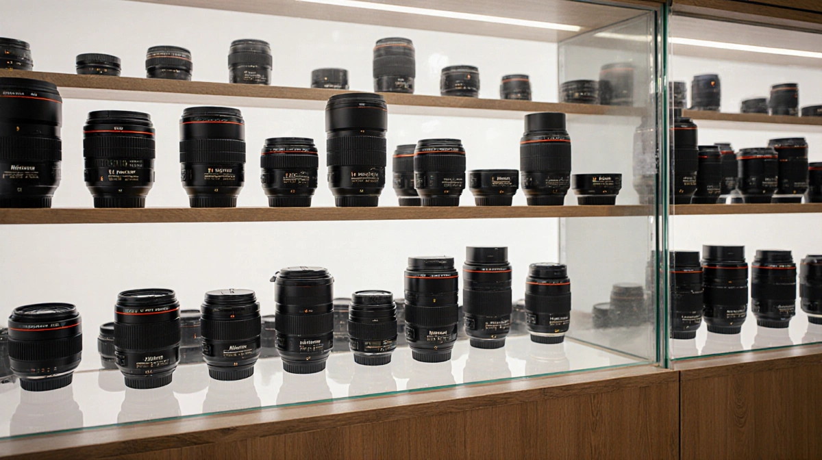 Nikon Z-mount lenses line the walls with glass cases showing different focal lengths and wooden shelves holding professional 
