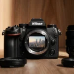 Nikon Z5II camera rests on wood surface with 24-70mm lens and soft natural lighting highlighting its premium design