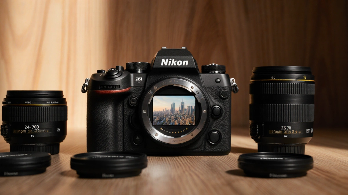 Nikon Z5II camera rests on wood surface with 24-70mm lens and soft natural lighting highlighting its premium design