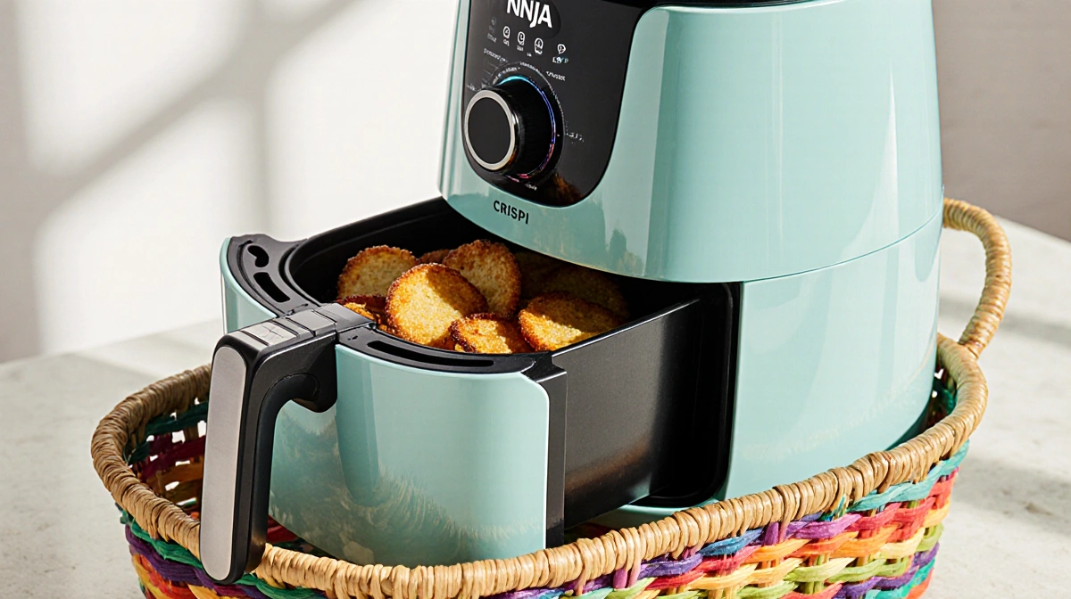 Ninja Crispi Portable Glass Air Fryer resting on woven basket with golden snacks and pastel colors highlighted by soft light