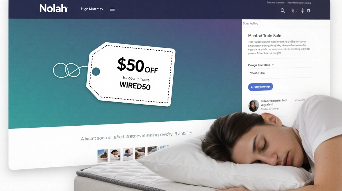 Mattress promotion displays WIRED50 discount code with sleeping person in foreground and coupon-style background