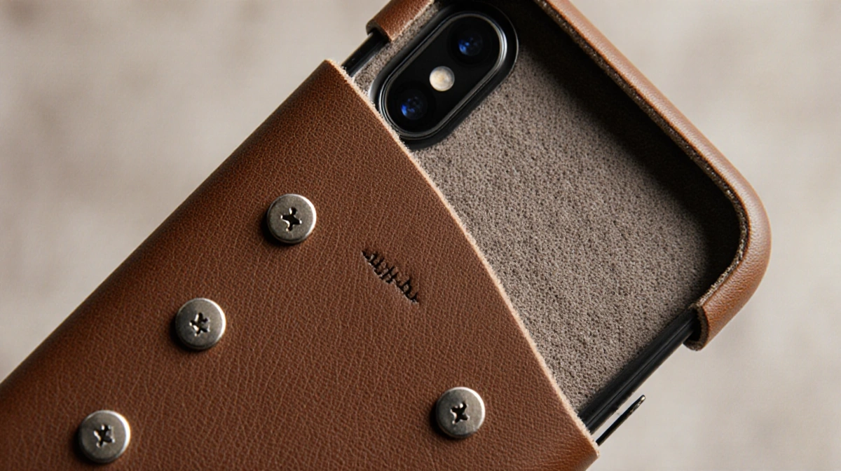 iPhone 16 leather case showing texture with microfiber lining and subtle polymer frame visible