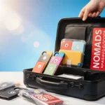 Open modern suitcase with vibrant red Nomad logo revealing colorful iPhone 16 cases and travel accessories with discounted it