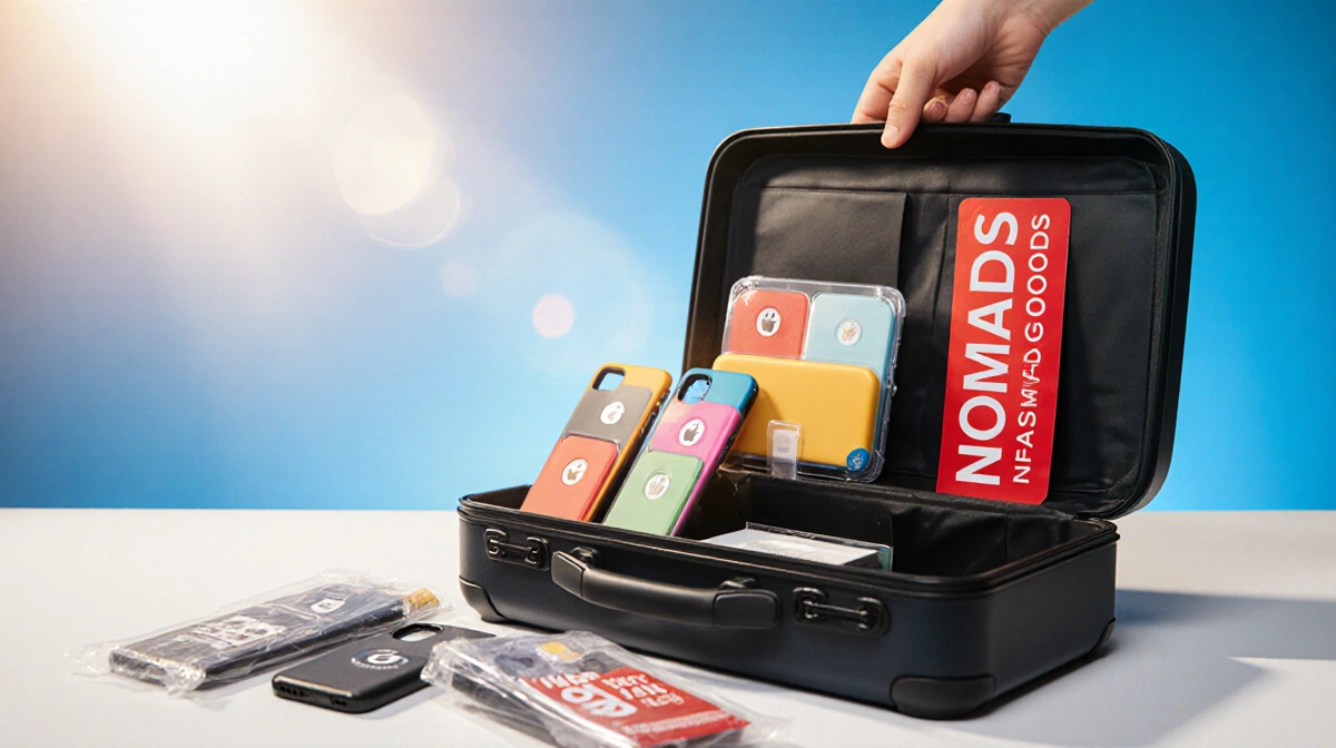 Open modern suitcase with vibrant red Nomad logo revealing colorful iPhone 16 cases and travel accessories with discounted it