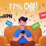 Smiling person relaxing on couch with iPhone and colorful coupons swirling with confetti showing NordVPN 77% off