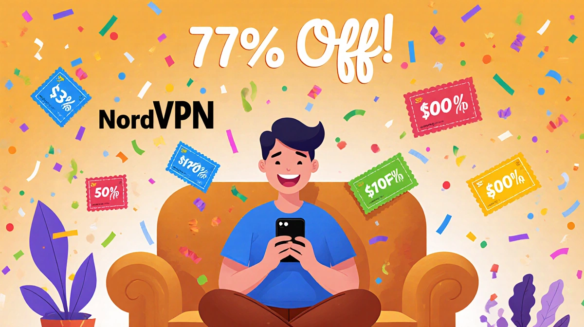 Smiling person relaxing on couch with iPhone and colorful coupons swirling with confetti showing NordVPN 77% off
