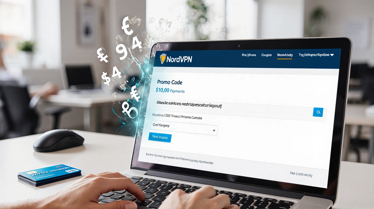Laptop screen shows NordVPN promo code field with swirling numbers and percentages while credit card and mouse sit on desk wi