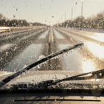 Windshield wiper scrubbing ice crystals with snowflakes falling on slick North Texas asphalt