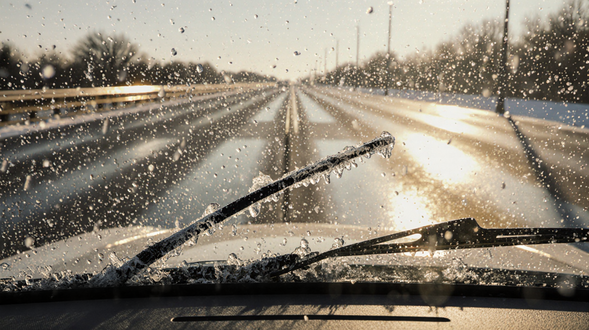 Windshield wiper scrubbing ice crystals with snowflakes falling on slick North Texas asphalt