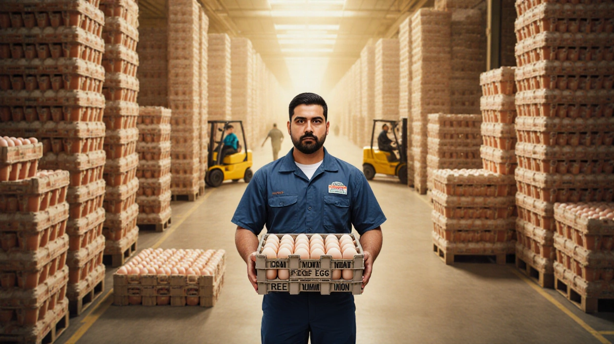 Enrique Rodriguez holds a crate of eggs at the North Texas Food Bank warehouse with stacked boxes and forklifts in the backgr