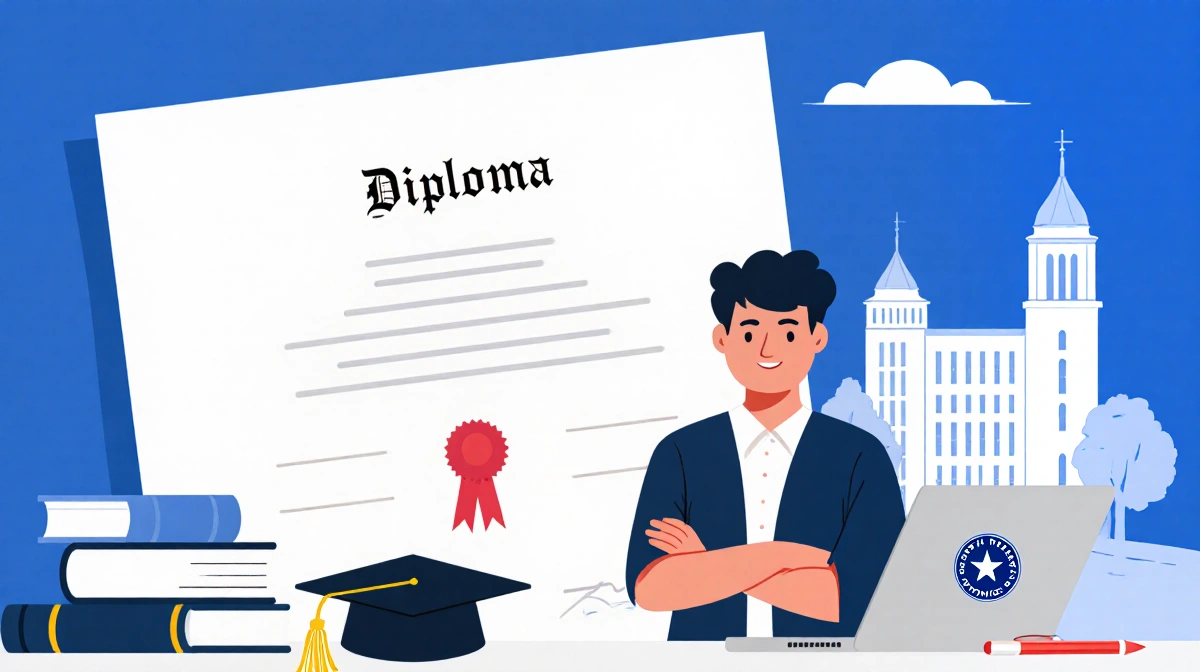 A student holds a laptop displaying the North Texas Promise logo with diploma and graduation cap on desk